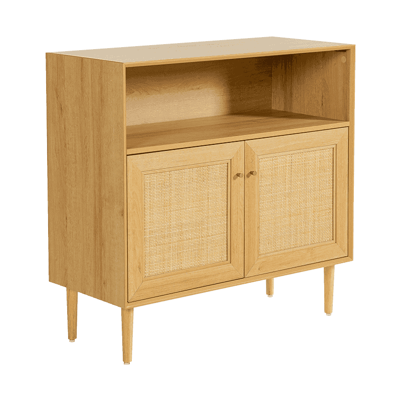 Træfarvet rustikt todørs opbevaringsskab med rattandør (Y-C43)